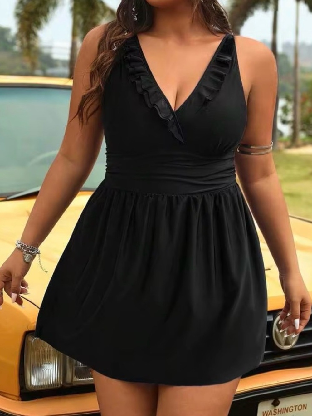 4X Swimdress Black Ruffle V Neck One Piece Swimsuit Plus Size SHEIN Modest